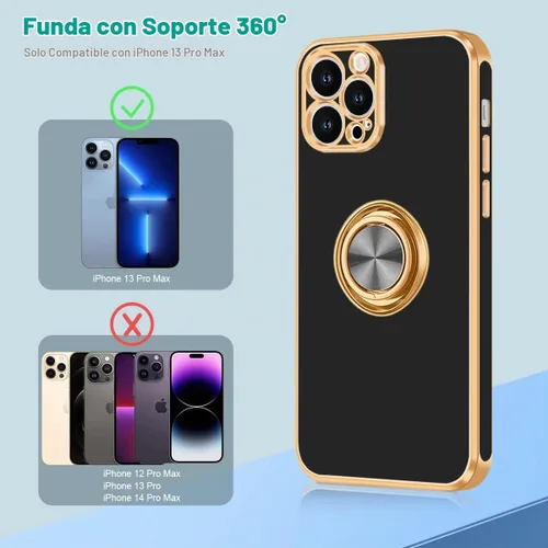 Vista 7 de Fingic Funda para iPhone 13 Pro Max, soporte giratorio de 360°, soporte de Negro/Dorado