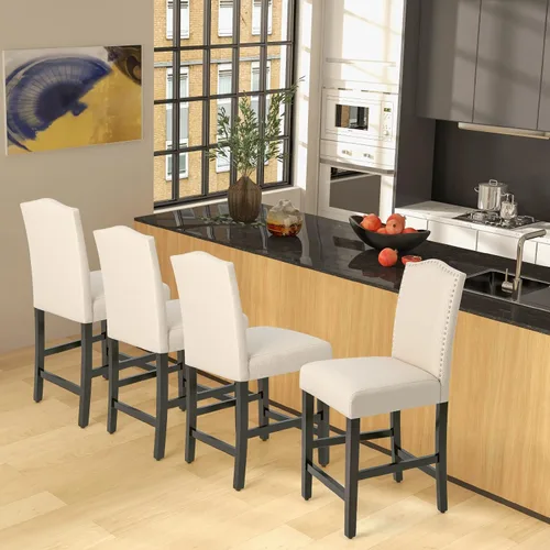Vista 9 de COSTWAY Juego de 2 taburetes de bar, sillas tapizadas de lino con patas de madera de goma maciza, sillas de bar de madera para isla de cocina de 25