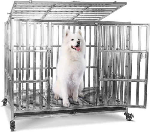Vista 8 de Jaula para perros grandes, resistente e indestructible y a prueba de escapes, de 38 pulgadas, con bandejas de alambre y ruedas extraíbles, extra