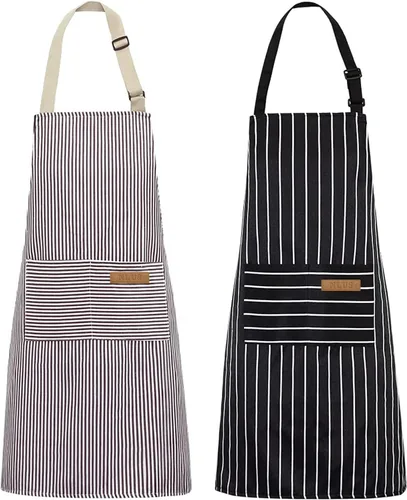 Vista 10 de NLUS Paquete de 2 delantales de cocina ajustables con babero, delantal de chef suave con 2 bolsillos para hombres y mujeres (rayas negras)