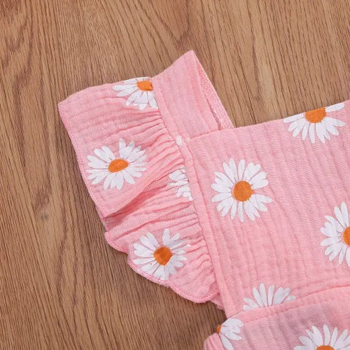 Vista 5 de Bebé Niñas Impresión Margarita Algodón Lino Volantes Sin Mangas Mameluco Mono Mono con Headaband Ropa Infantil Verano