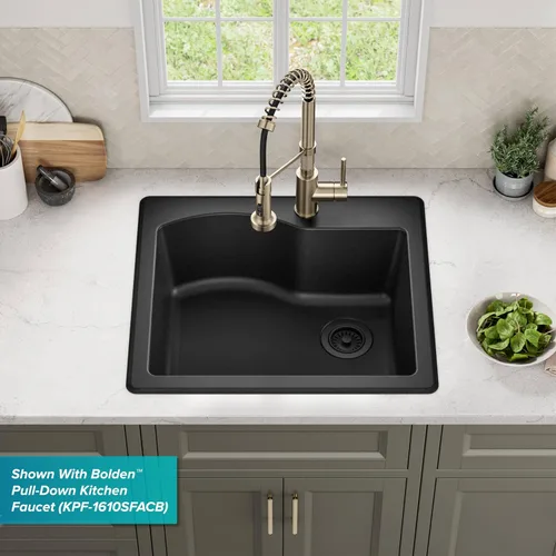 Vista 11 de KRAUS Quarza - Fregadero de cocina de granito de instalación empotrada/sobre encimera de un solo seno, 25 pulgadas, color negro, KGD-441BLACK
