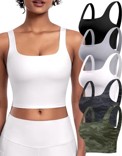 Vista 9 de Sujetadores deportivos para mujer, paquete de 5 unidades, cuello cuadrado, camiseta corta sin mangas acolchada para yoga con almohadillas integradas