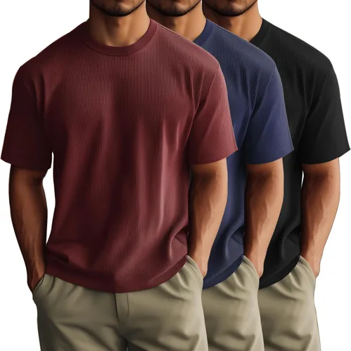Vista 12 de Huukeay Paquete de 3 camisetas para hombre, cuello redondo, manga corta, de punto acanalado, camisetas casuales elegantes