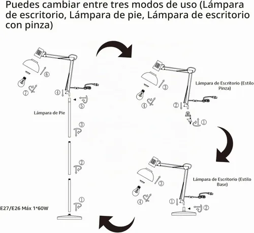 Vista 6 de Lámpara de pie LED FIRVRE, lámpara de pie giratoria vintage de metal, 3 modos de uso - lámpara de pie, lámpara de mesa y lámpara de clip, lámpara