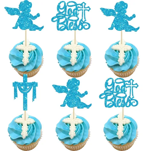 Vista 9 de Gyufise 24 piezas de decoración de pastel de Dios bendiga y decoración de bautizo para cupcakes, cruces de Dios bendiga, adornos de cupcake