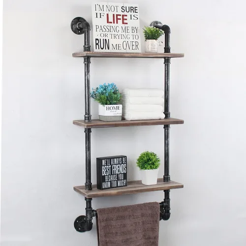Vista 9 de MBQQ Estante de tubería industrial para baño, estantes montados en la pared, estante de madera rústica de 19.6 pulgadas con toallero, toallero