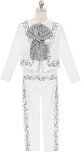 Vista 2 de Conjunto de traje de bautismo para niños de plata blanca Nuestra Señora de Guadalupe Virgen María Charro Mariachi Sombrero Boda Niños Pequeños Niños