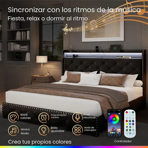 Vista 3 de LARMACE Base de cama tamaño King con 4 cajones de almacenamiento, base de cama tapizada de terciopelo, plataforma King con luces LED y estación