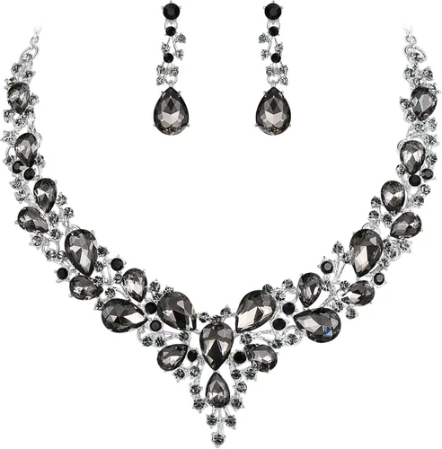 Vista 15 de BriLove Women's Wedding Statement Necklace Dangle Earring Jewelry 01-Tono plateado transparente