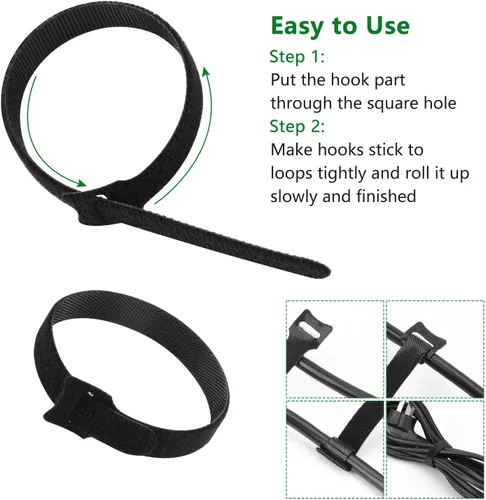 Vista 4 de OneLeaf 60 Piezas Bridas de Cable Reutilizables de Sujeción con Gancho y Bucle, Correas de Cable Multiusos Bridas de Alambre Gestión de Cables