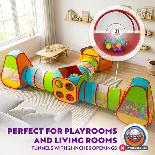 Vista 4 de Playz Paquete de tienda de juegos para niños de 7 piezas con 1 gran pelotero para bebés, 3 túneles de juego para niños pequeños y 3 tiendas