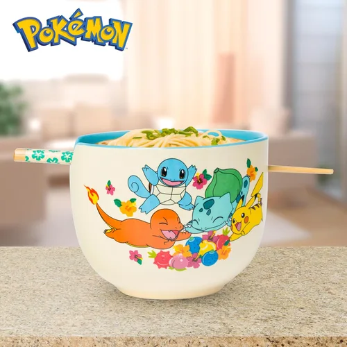 Vista 6 de Silver Buffalo Pokemon Spring Flowers con Pikachu, Bulbasaur, Squirtle y Charmander Tazón de cerámica para fideos ramen y arroz con palillos, apto