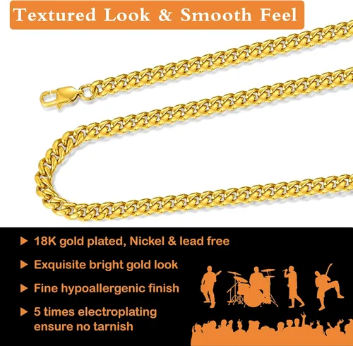 Vista 2 de Jewlpire Diamond Cut Miami Mens Cuban Link Chain Necklace Gold Chain Silver Chain for Men Boys Women Hip-Hop Cool Style 316L Stainless Steel18K