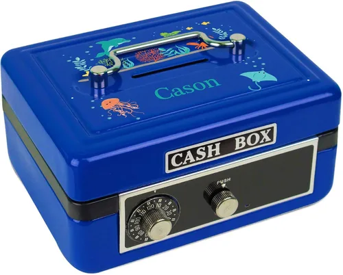 Vista 14 de Caja de efectivo azul personalizada para niños marinos y marinos (tren azul)