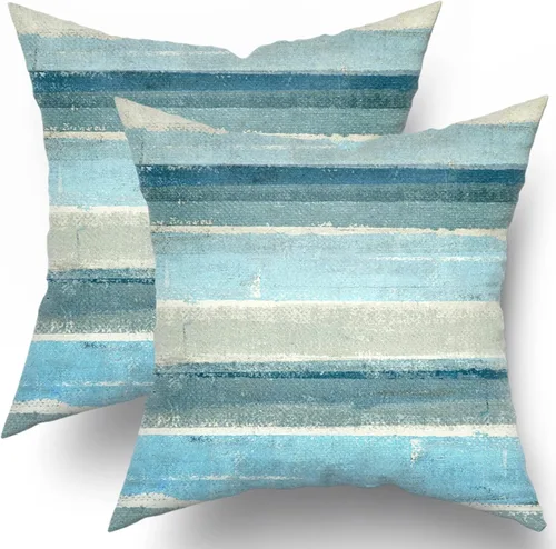 Vista 23 de Fundas de almohada Aqua 16x16 Set de 2 Verde Claro Gris Moderno Arte Abstracto Rayado Cojines Decorativos de Granja Algodón Cuadrado Fundas de Raya