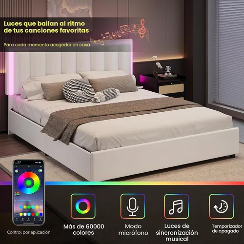 Vista 4 de Base de cama tamaño Queen con 4 cajones de almacenamiento, base de cama tapizada Queen con cabecero, luces LED RGB, base de metal resistente y Blanco