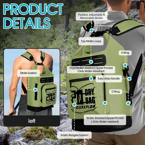 Vista 98 de MORXPLOR Bolsa seca impermeable, 5L/10L/20L/30L/40L/55L Mochila seca con funda impermeable para teléfono para natación, kayak