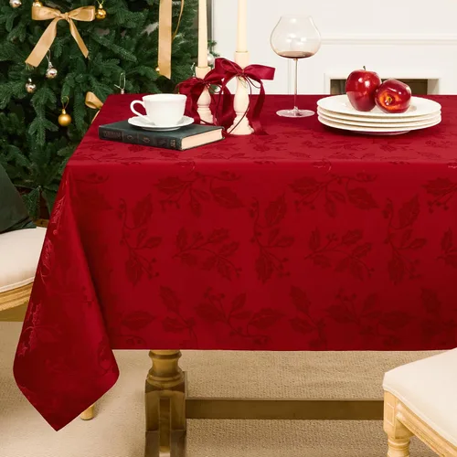 Vista 8 de Softalker Mantel cuadrado de jacquard de Navidad, mantel impermeable de damasco vintage de invierno, mantel de tela de poliéster con acebo