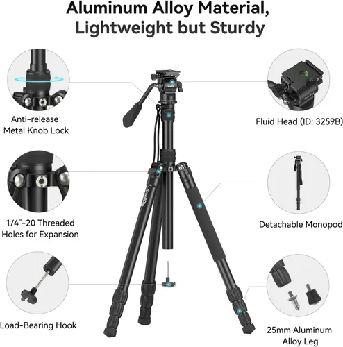 Vista 7 de SmallRig CT180 Trípode de Video, Trípode de Cámara de 72" Monopie con Cabezal Fluido, Trípode de Cámara de Aluminio, Cabezal Fluido Panorámico