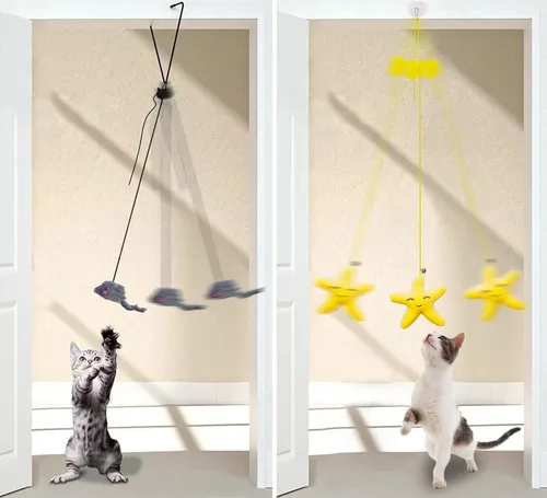 Vista 2 de Juguetes de ratones para gatos de interior – Paquete de 3 juguetes para gatos colgantes con borla – Juguete retráctil para gatos con cuerda, ratón