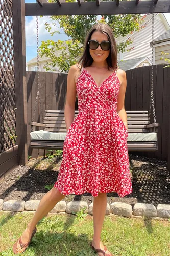 Vista 2 de STYLEWORD - Vestido informal de verano para mujer, diseño acampanado, con vuelo y floral, con cuello en V, tirantes delgados y bolsillos, unicolor