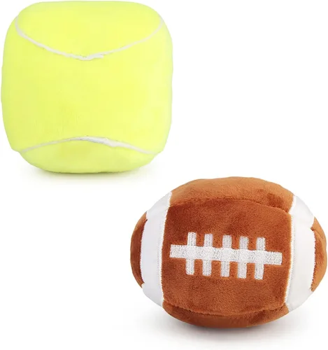 Vista 8 de Pelotas interactivas para perros, paquete de 2 pelotas de juguete chirriantes de felpa para perros, pelota de juguete para perros de fútbol y rugby