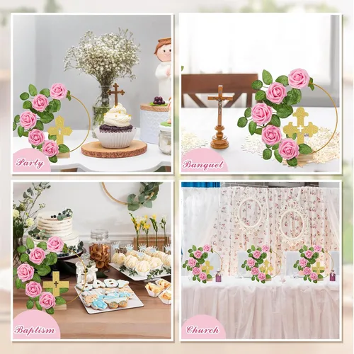 Vista 5 de Wesiti 48 piezas Centro de mesa para bautizo, decoración de mesa para primera comunión, 12 cruces de madera, 12 aros florales con soporte, 24 rosas