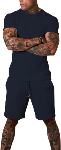 Vista 3 de Redqenting Conjunto de pantalones cortos casuales para hombre, 2 piezas, conjuntos de pantalones deportivos de verano a juego de camisa y pantalones