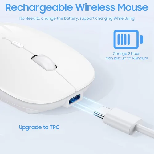 Vista 4 de SUNGI Ratón inalámbrico Bluetooth modo dual (Bluetooth5.2+USB), mouse recargable silencioso con adaptador USB-C a USB para MacBook, laptop, tableta
