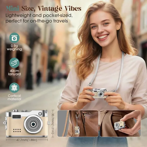 Vista 4 de Cámara Digital Mini HOTU, Cámara Llavero 1080P HD con Lente de 2MP, Flash, Grabación de Vídeo, Tarjeta de 32G Incluida, Cámara Retro Portátil y Beige