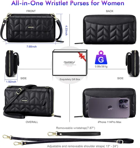 Vista 4 de nuoku Cartera RFID para mujer, bolso cruzado con cremallera alrededor de 2 correas
