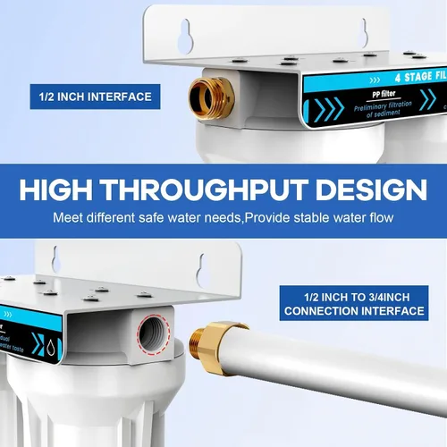Vista 5 de Sistema de filtro de agua doble para RV, sistema de filtración de agua de 4 capas y 2 etapas, elimina sedimentos, cloro, metales pesados, olores