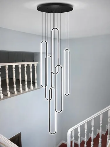 Vista 14 de Flashing God Candelabro moderno, candelabros cromados con 6 anillos LED, lámpara de techo alto más grande para sala de estar, lámpara rectangular