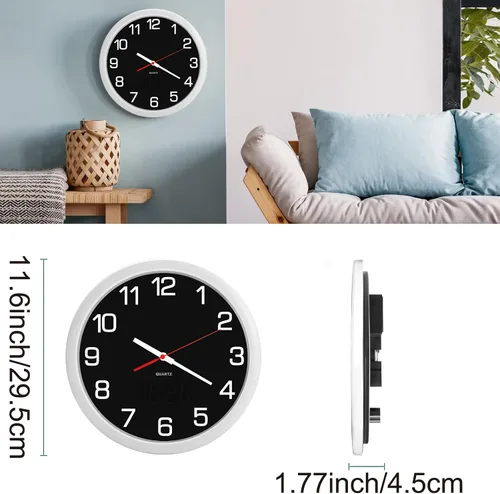 Vista 26 de Reloj de pared analógico de 12 pulgadas, silencioso, sin tictac, reloj de pared grande de cuarzo con LED nocturno, reloj de pared decorativo a
