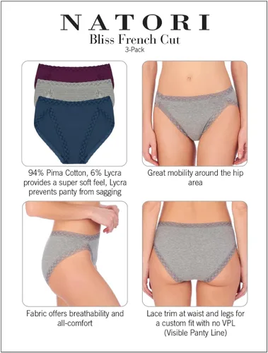 Vista 3 de Natori Paquete de 3 calzoncillos de corte francés Pima Bliss para mujer Negro/Café/Blanco