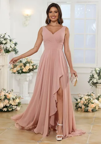 Vista 6 de Raseal Vestido de dama de honor de gasa con cuello en V con abertura plisado gasa volantes largo una línea formal vestido de fiesta para mujeres