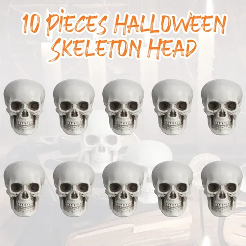 Vista 7 de Boao 10 piezas de cabeza de esqueleto de Halloween pequeños mini calaveras para decoración de fiesta de Halloween, decoración de mesa