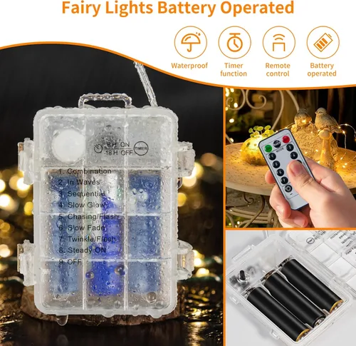 Vista 3 de Guirnalda de luces a pilas con temporizador de control remoto, 33 pies, 100 luces LED, impermeables, 8 modos, alambre de cobre, luces blancas Blanco