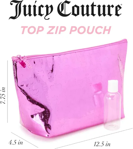 Vista 2 de Juicy Couture Bolsa de maquillaje rosa intenso, organizador de cosméticos, artículos esenciales de viaje, con cremallera, cuña brillante