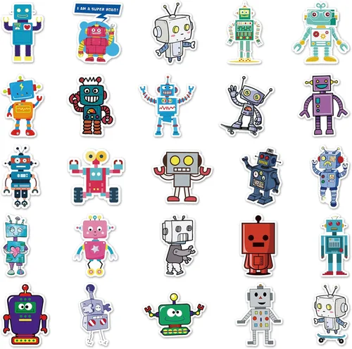 Vista 2 de 50 calcomanías de robot bonitas, calcomanías impermeables de vinilo con temática científica para computadora, patineta, laptop, botella de agua