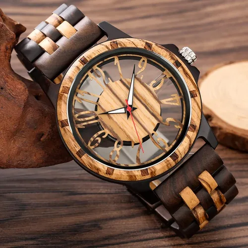 Vista 4 de Brown Deep Black Ebony Zebra Reloj de cuarzo de madera para hombre, correa de madera con cierre plegable para hombres