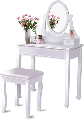 Vista 9 de Casart Juego de taburete de tocador de maquillaje de madera con espejo y 3 cajones de maquillaje (blanco)