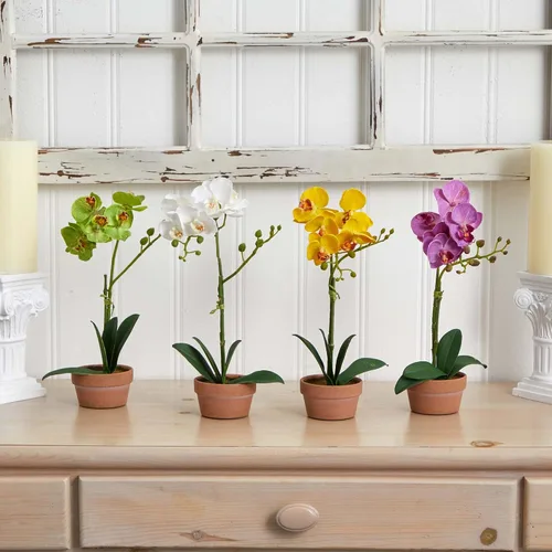 Vista 7 de Nearly Natural Orquídea Phalaenopsis con jarrón de arcilla (juego de 4)