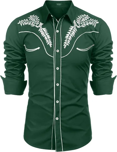 Vista 21 de COOFANDY Camisa occidental para hombre de manga larga con bordados, camisa de vaquero casual con botones café (01-Coffee(Pattern1))