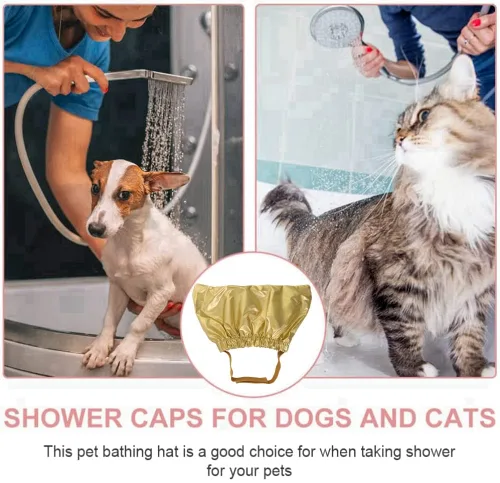 Vista 7 de Gorro de ducha para mascotas, impermeable, reutilizable, con correa ajustable para evitar el agua en las orejas, arnés elástico para gatos, perros