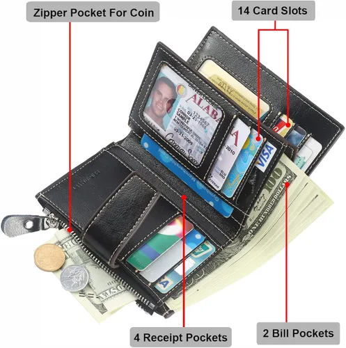 Vista 4 de Lavemi Cartera pequeña y compacta para mujer, con bloqueo RFID, de piel auténtica, con ventanas de identificación