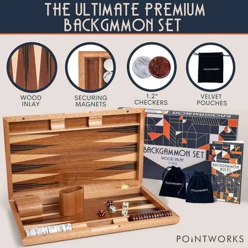 Vista 2 de Pointworks Juegos de backgammon de 17 pulgadas para adultos. Hermoso juego de mesa de backgammon con incrustaciones de madera con damas y dados