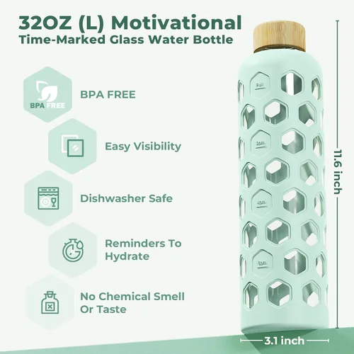 Vista 2 de Botella de agua de vidrio de 32 onzas con tapa de bambú, botellas reutilizables transparentes con funda de silicona y marcador de tiempo, vaso