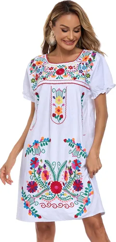Vista 35 de YZXDORWJ Vestido bordado mexicano de manga corta para mujer 222BK